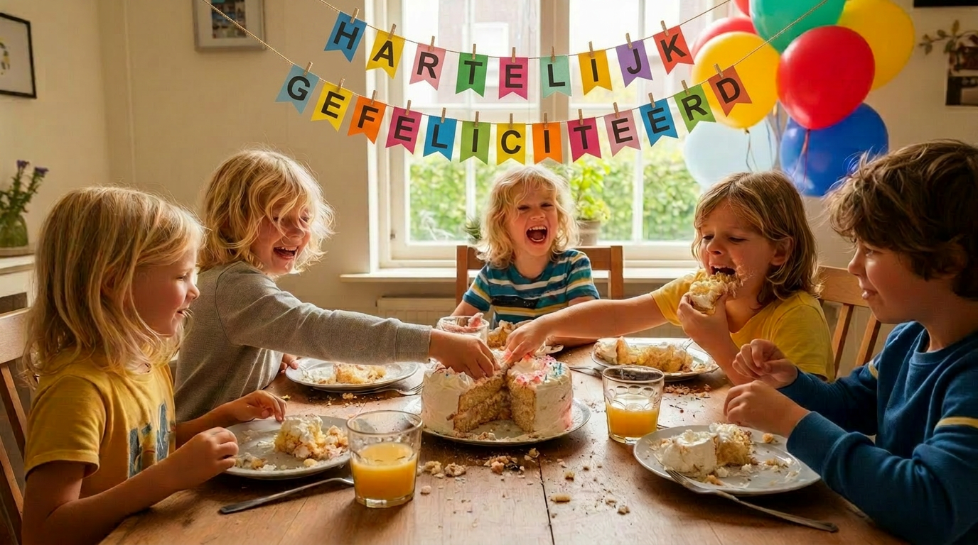 Kinderen zitten vrolijk rond een verjaardagstaart aan een feestelijk gedekte tafel